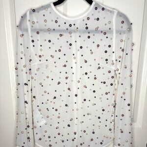 White Mesh Long Sleeve Top | Pearl Embellished | Zip Back
